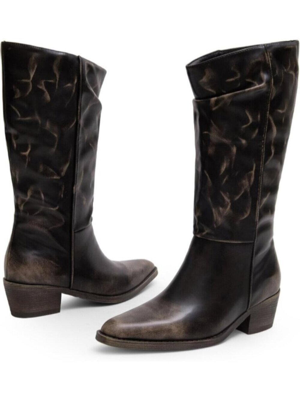 Women's Bronze Western Mid Calf Low Chunky Heel Pointed Toe Cowgirl Boots